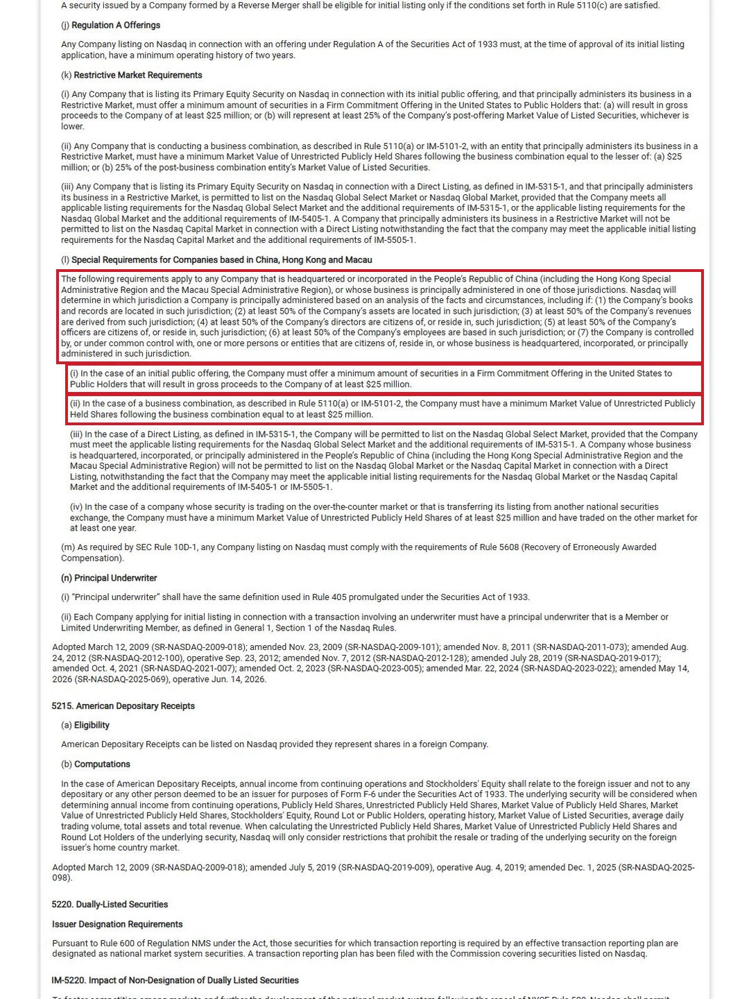 Rule 5210(l):中国发行人适用范围及包销募集总额