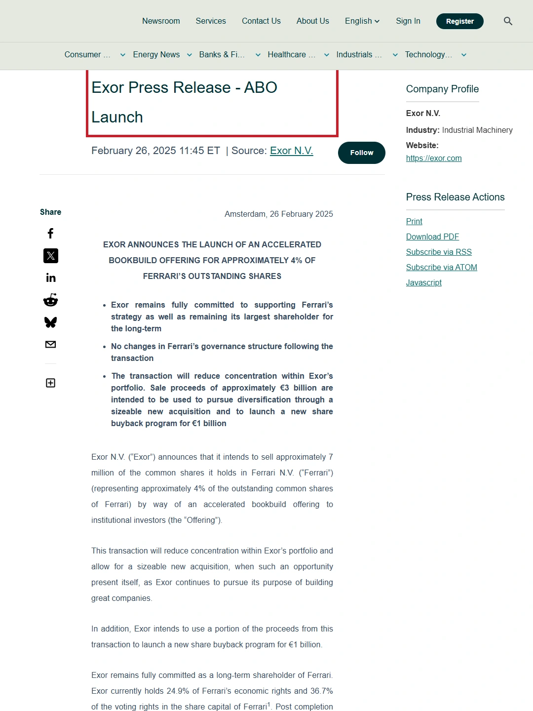 Exor issued ABO launch announcement focus P04