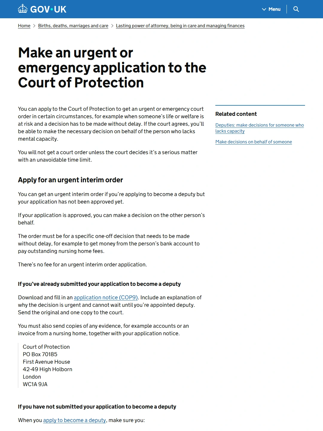 GOV.UK:Urgent or emergency Court of Protection applications