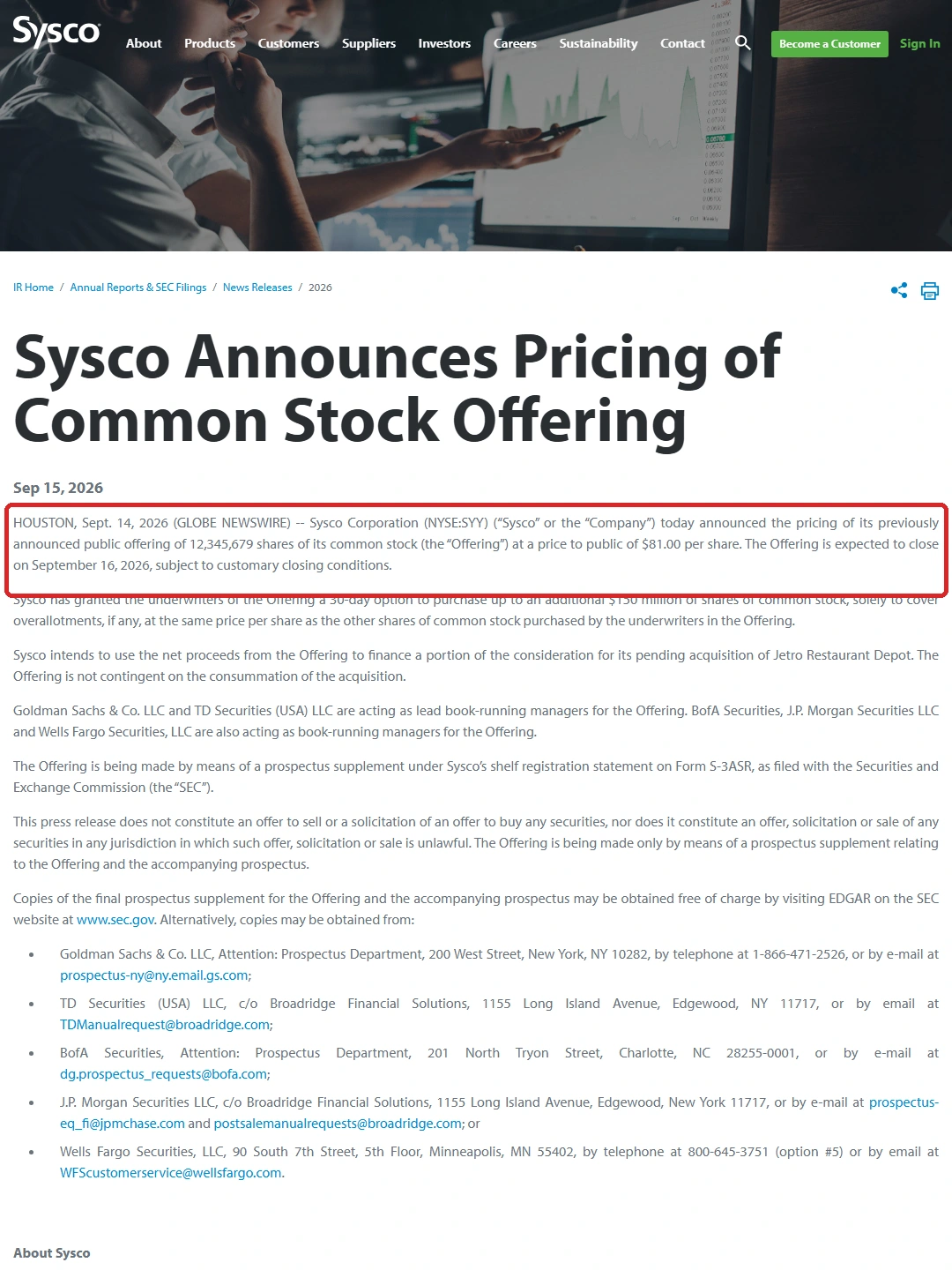 Sysco Announces Pricing of Common Stock Offering / About Sysco