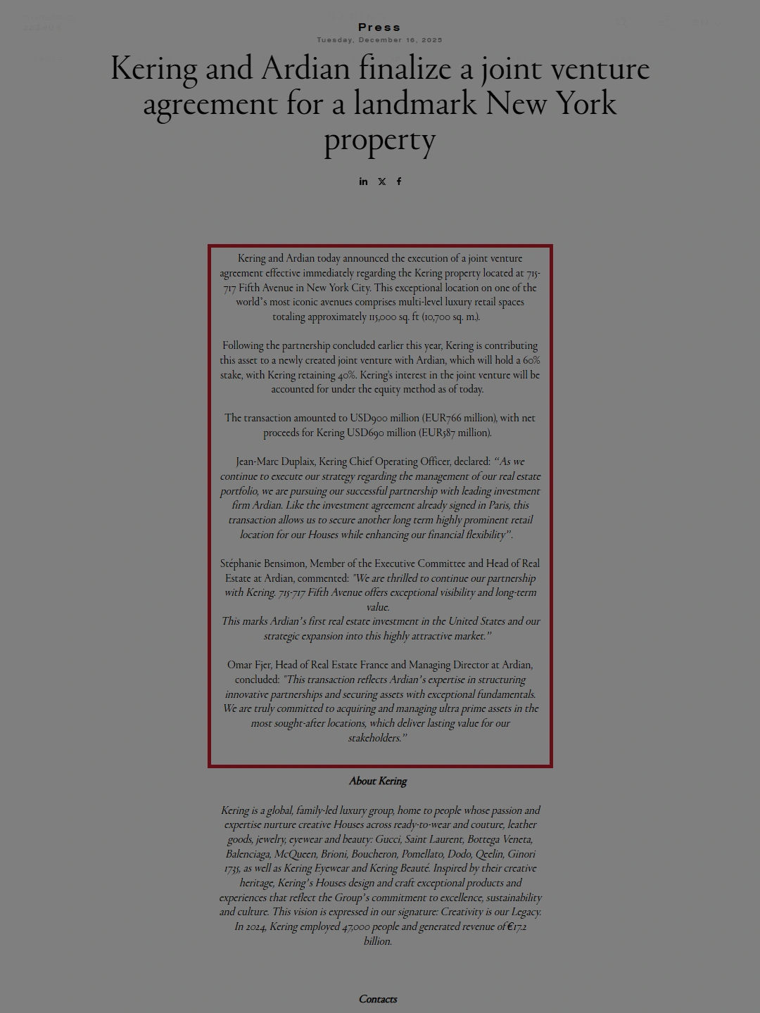 Kering and Ardian finalize a joint venture agreement for landmark New York property focus P01