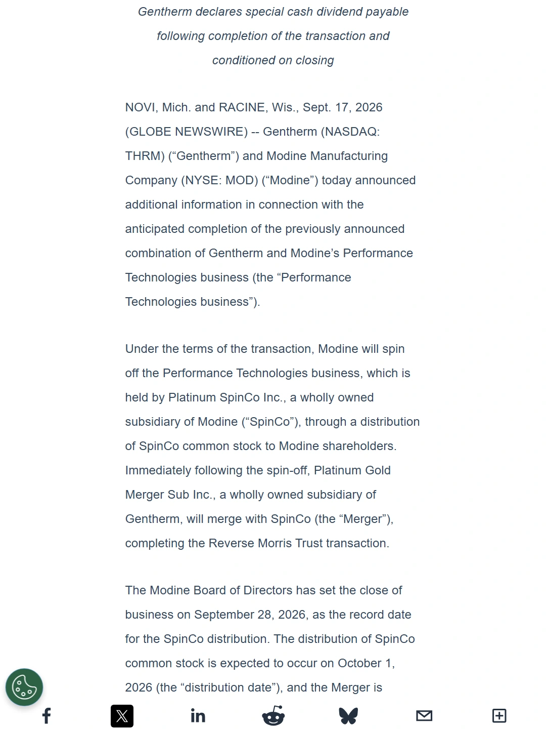 Gentherm and Modine announce additional information on proposed combination