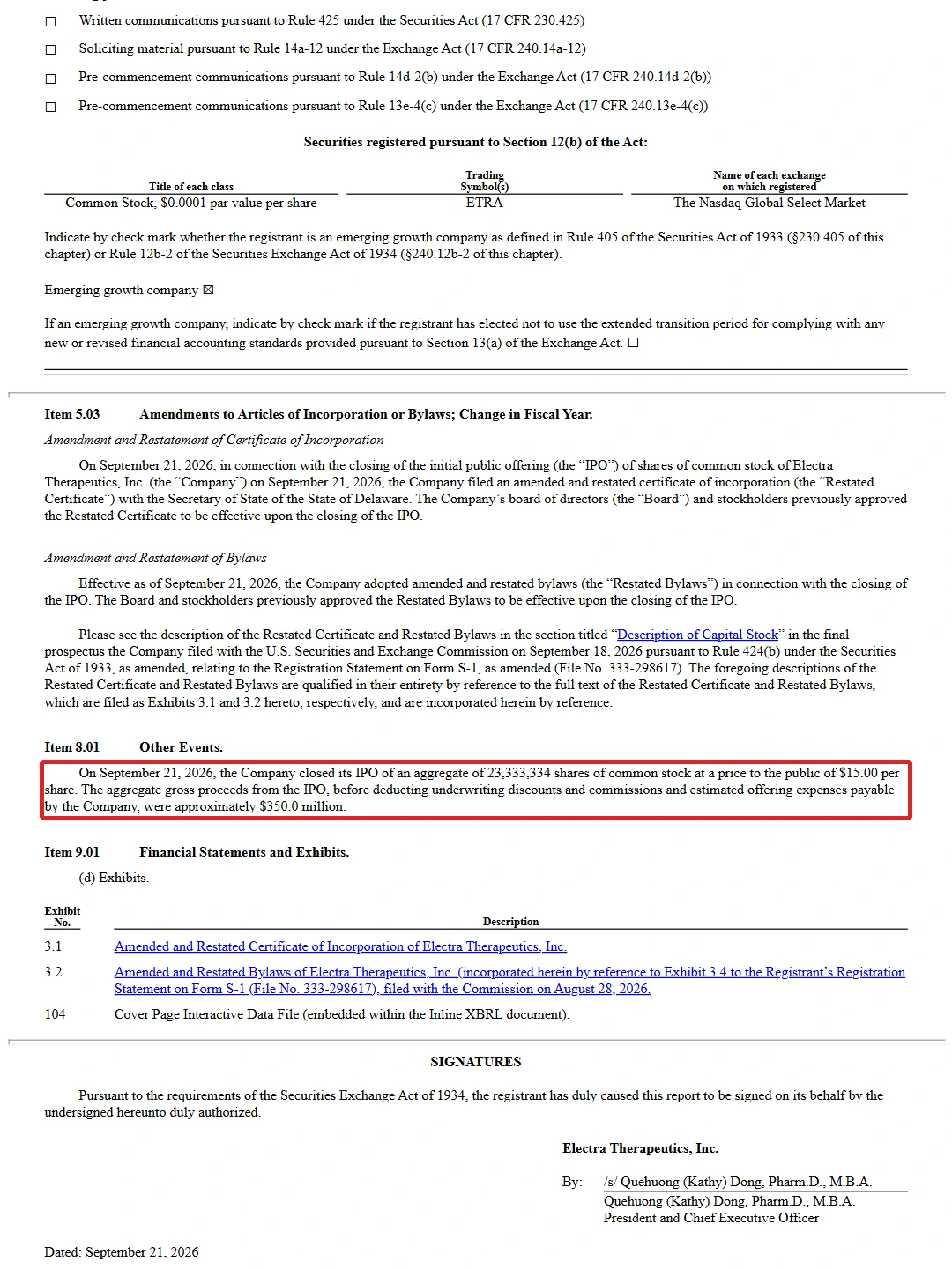 Electra Therapeutics 2026-09-21 Form8-K Item8.01