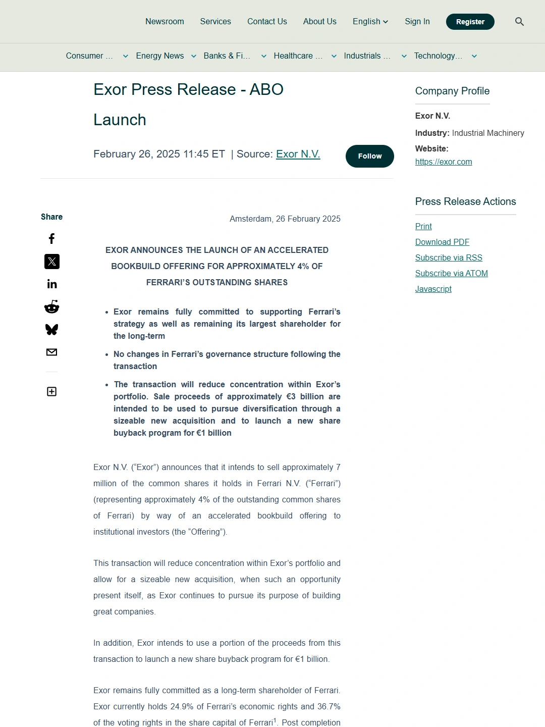 Exor issued ABO launch announcement identity P04