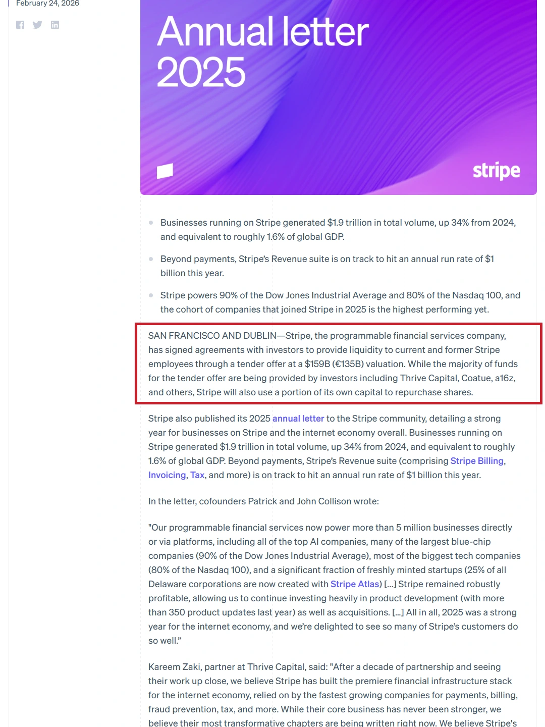 Stripe 2025 annual letter and employee tender offer focus P01
