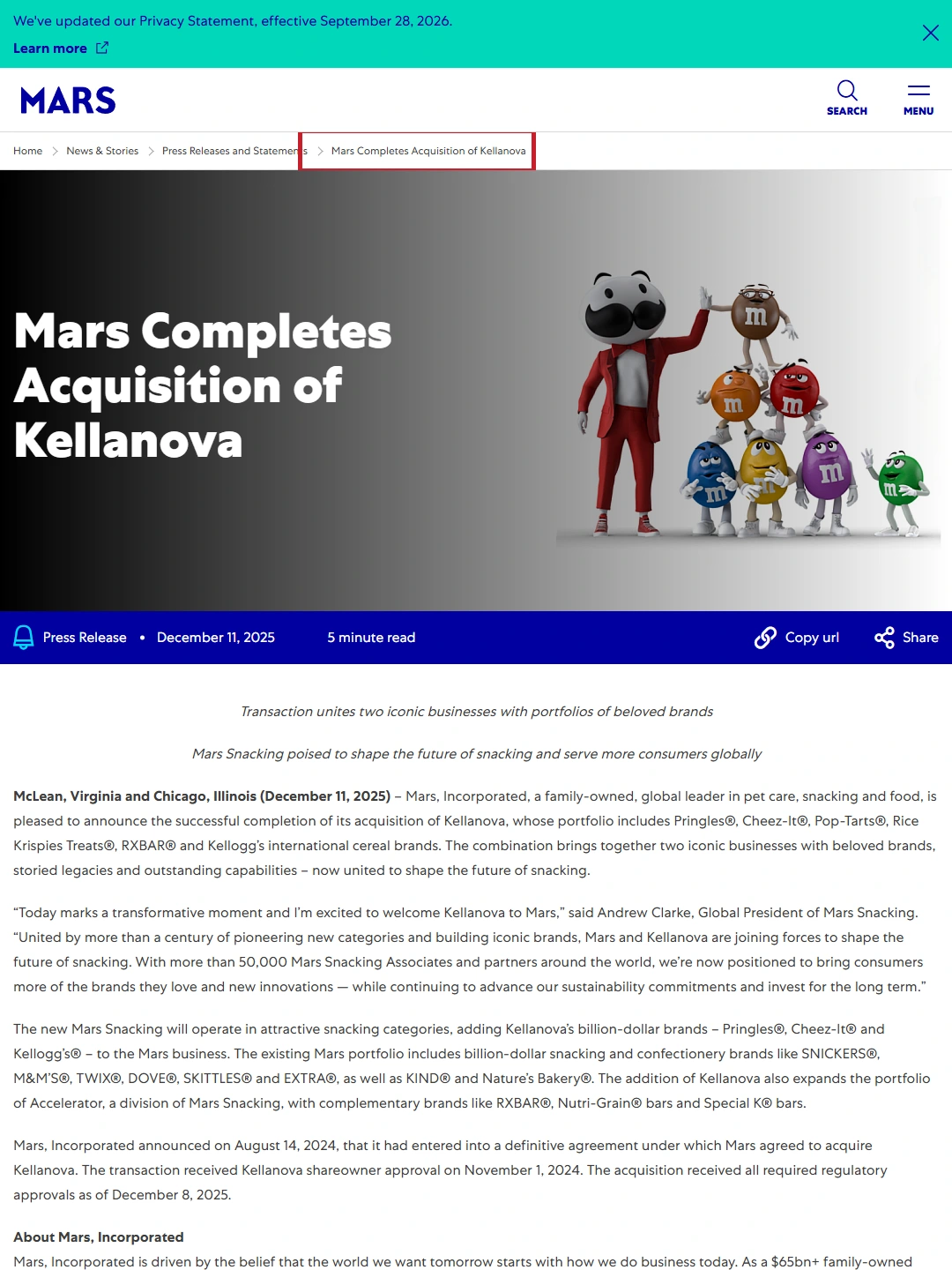 Mars completes acquisition of Kellanova focus P01