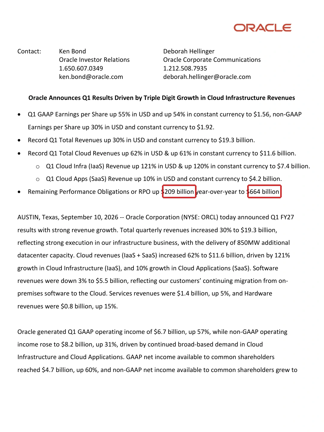 Oracle Announces Q1 Results Driven by Triple Digit Growth in Cloud Infrastructure Revenues