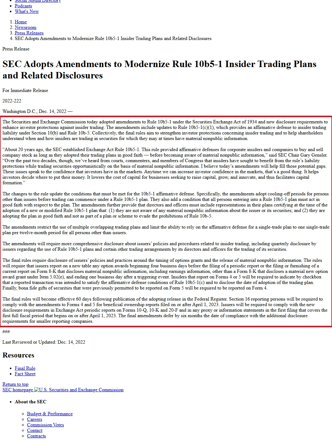 SEC adopts amendments to Rule 10b5-1 insider trading plans focus P04