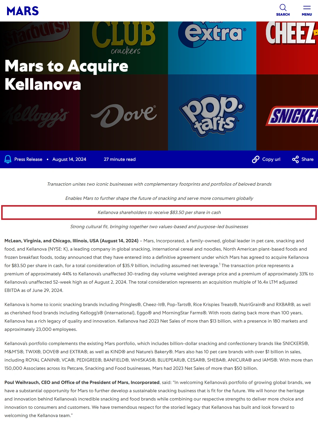 Mars to acquire Kellanova focus P01