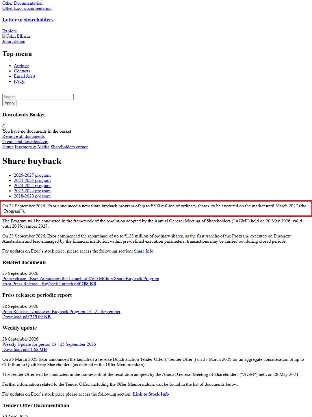 Exor share buyback 2026–2027 program focus P01