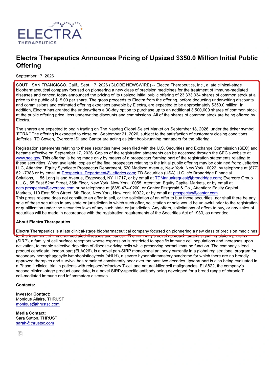 Electra Therapeutics Announces Pricing of Upsized $350.0 Million Initial Public Offering