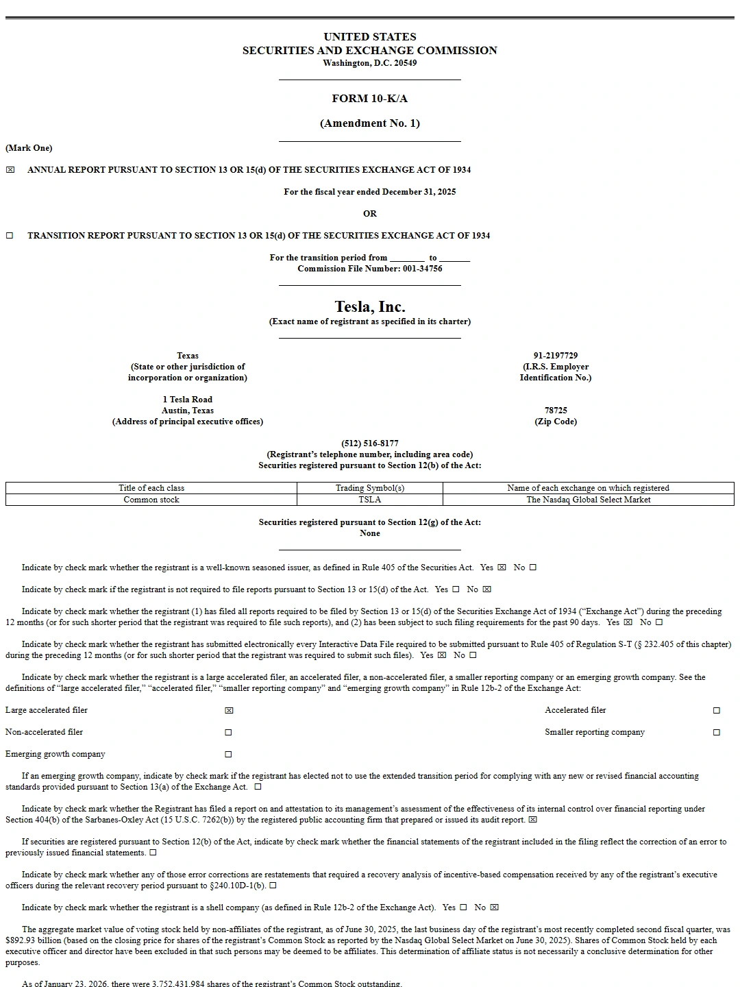 Tesla 2025 Form 10-K/A filed in 2026 identity P01
