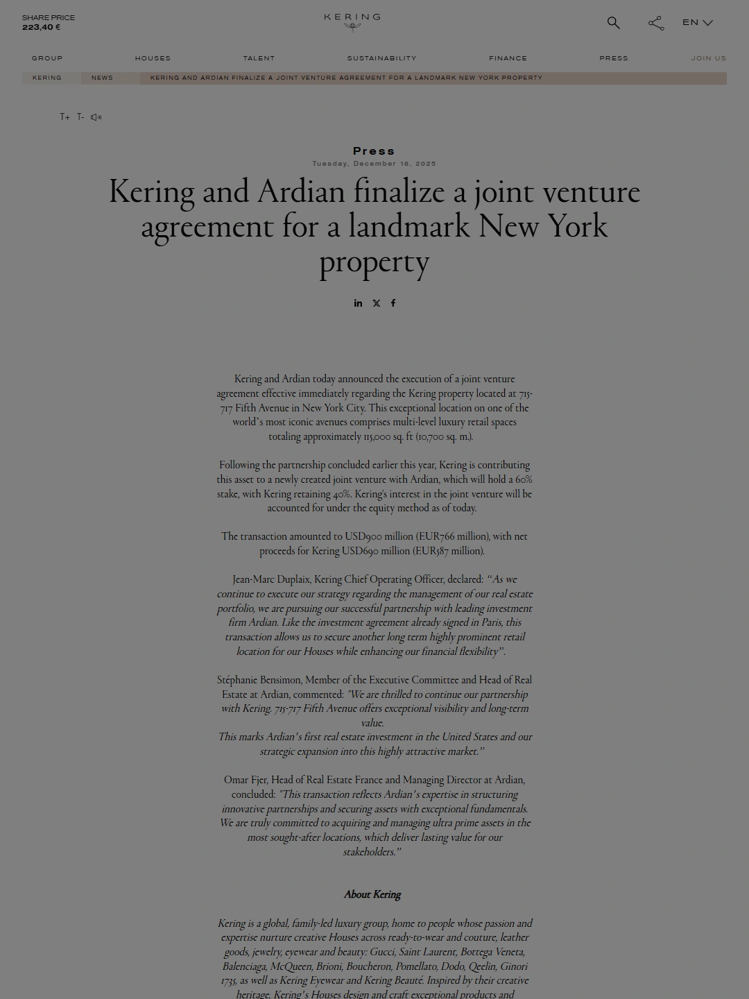 Kering and Ardian finalize a joint venture agreement for landmark New York property identity P01