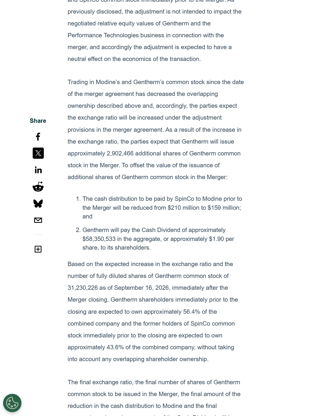 Gentherm and Modine announce additional information on proposed combination