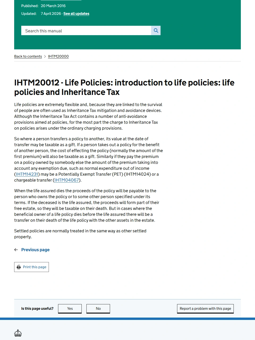 HMRC IHTM20012:Life policies and Inheritance Tax