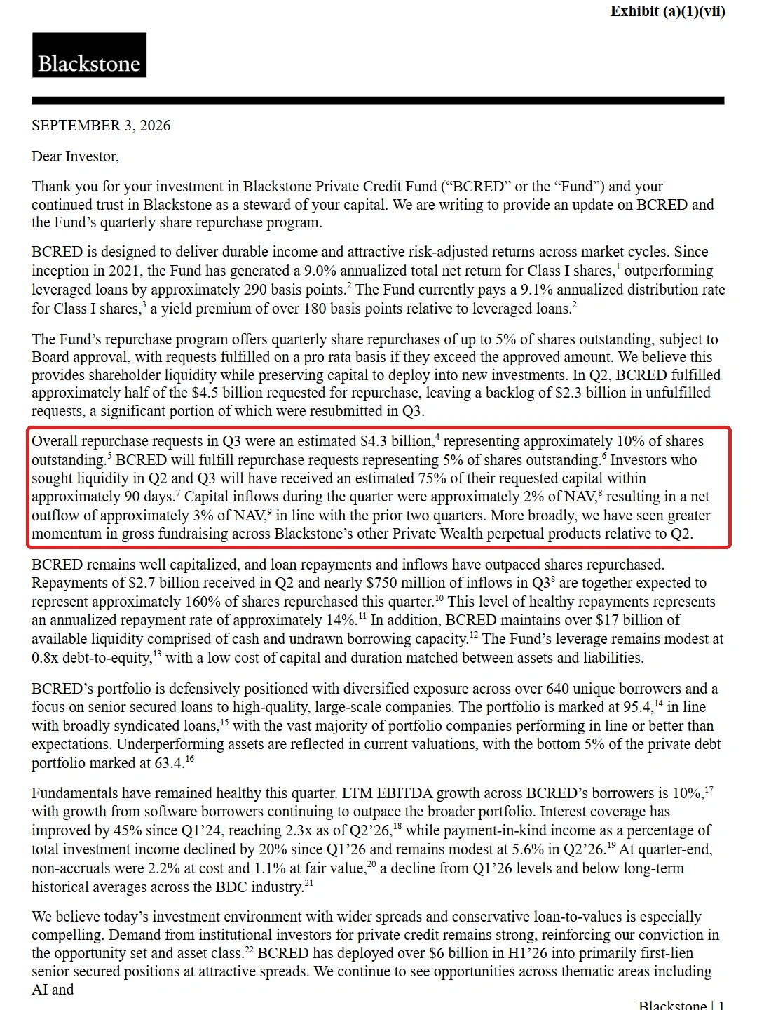 BCRED Q3 Distribution and Tender Offer Update