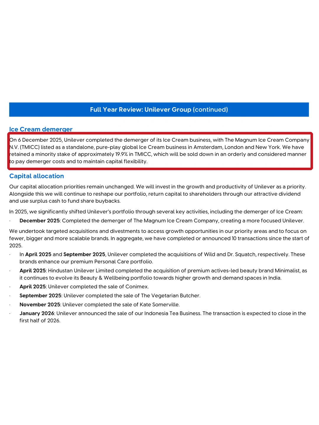Unilever 2025 Full Year Results focus P01